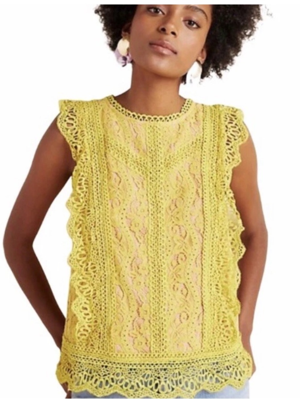 Anthro Eri + Ali Sydney Yellow Floral Lace Ruffle Boho Tank Top XS